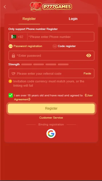 P777 registration page